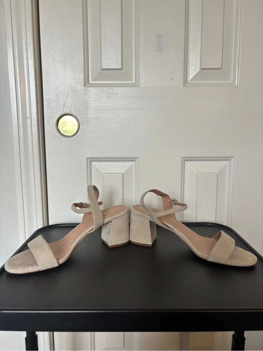 Cole Haan Beige Suede Block Heel Sandals
